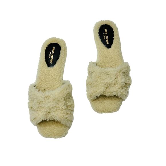 NIB Saint Laurent YSL Tribute 36.5 US 6.5 Slip On Flat Sandals Beige Shearling - Picture 1 of 8